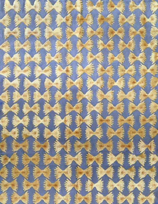 Light blue and brown carpet with pasta decoration made of wool and silk and designed by Alessandro Enriquez
